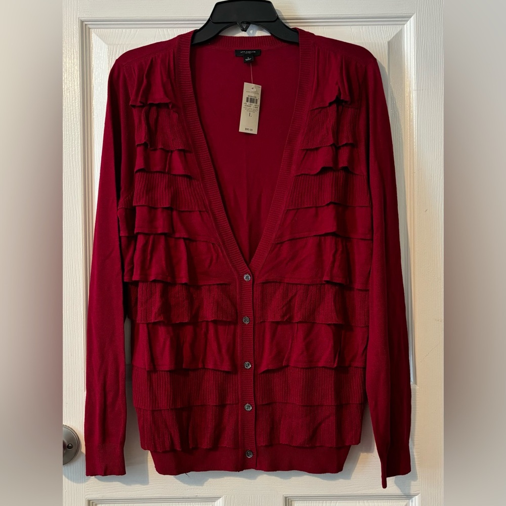 NWT: Ann Taylor ruffle front cardigan, magenta, size large